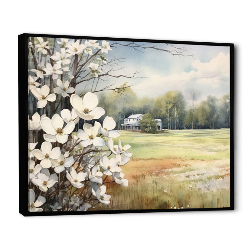 Cornouiller blanc gris à la ferme I - Art mural floral, H 16 po x l 32 po x P 1 po, Cadre flottant noir