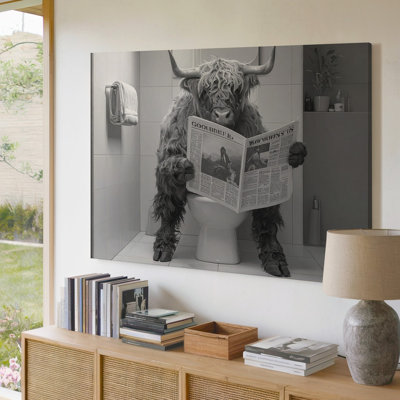Canvas Wall Art A Large Fluffy Highland Cow Sitting On A Toilet In A Bathroom Reading A Newspaper The Premium Quality Ready To Hang