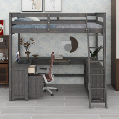 Lit mezzanine contemporain avec bureau en U, tiroirs et tablettes