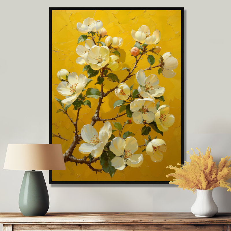  «Yellow Apple Blossom Blooming Beauty», reproduction d'art murale, H 24 po x l 32 po, Cadre flottant noir