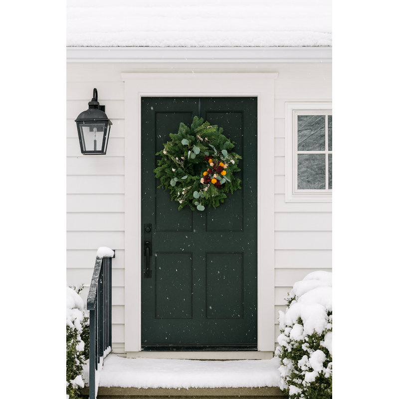 Fresh Evergreens, Eucalyptus with Dried Celosia, Strawflowers, and Pinecones Wreath