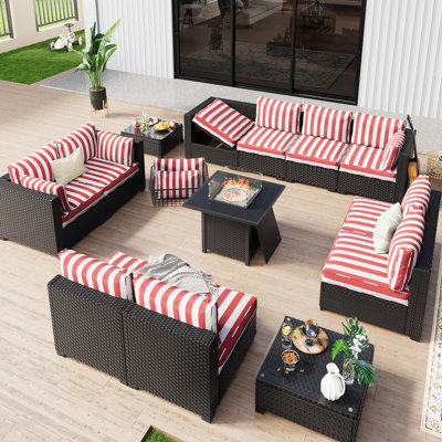 Fully Assembled Chairs, 10-Person Patio Conversation Set Black Chaise Lounge Modular Seating Outdoor Furniture With Fire Pit