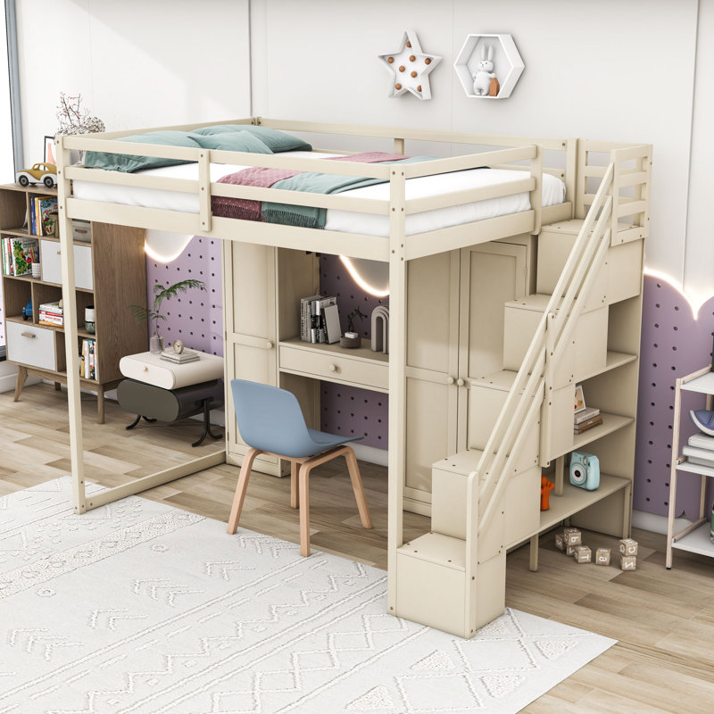 Full Wooden Loft Bed With USB Charging Ports, Wardrobe, Light, Dressing Table And Shelves, Beige
