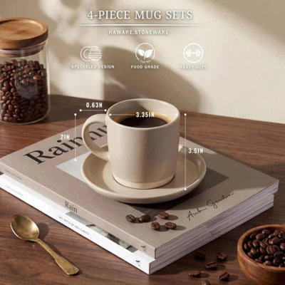 Ensemble de 4 tasses à café en grès 13 oz, tasses de café au lait en céramique crème mouchetée, tasses à thé modernes pour micro-ondes et lave-vaisselle pour hommes, femmes, papa et maman