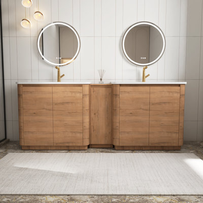 Imitative Oak 84 Inch Freestanding Bathroom Vanity With White Ceramic Sink, And 1-Small Storage Cabinet, With Soft-Close Door,Plywood