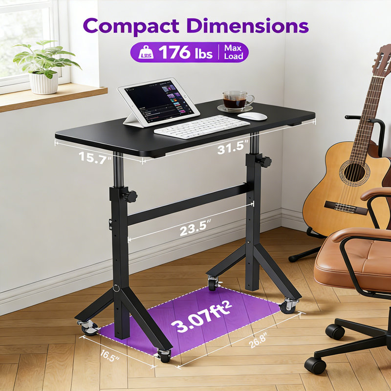 Mobile Adjustable Height Laptop Standing Desk – Portable Computer Desk With Lockable Wheels, 6 Height Settings, Triangular Leg Design, Perfect For Walking Pad