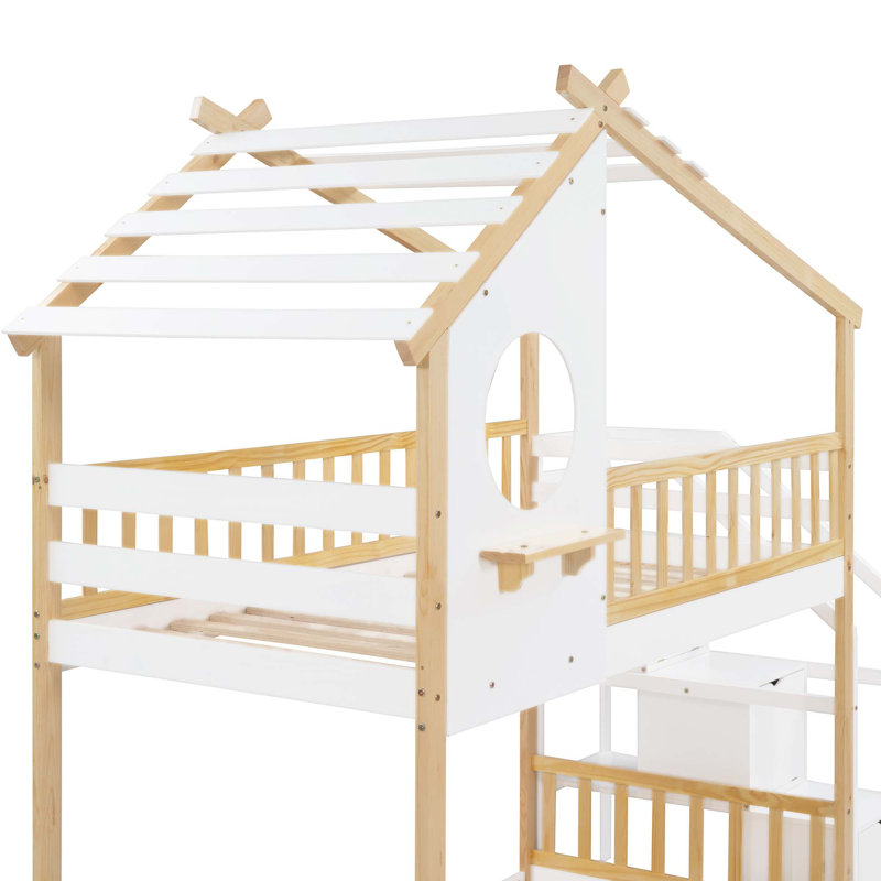 Lit superposé avec escalier, lit maison avec rangement et garde-corps