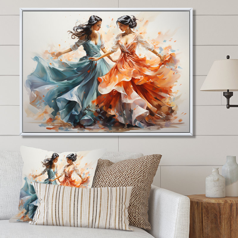 «Peach Blue Indian Art Kathak Dancers», reproduction d'art sur toile, H 12 po x l 20 po, Cadre photo noir