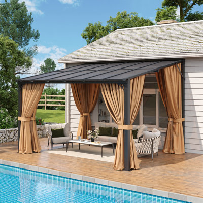Pavillon de jardin mural à toit rigide de 12 pi x 10 pi avec toit en polycarbonate et rideaux d'intimité amovibles
