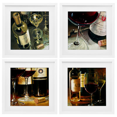 Ensemble de 4 impressions encadrées sous verre Elegant Wine Still Lifes, design par Stefano Ferreri