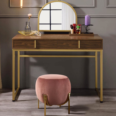 Bureau de coiffeuse 2 tiroirs avec miroir et plateau à bijoux, noyer et or