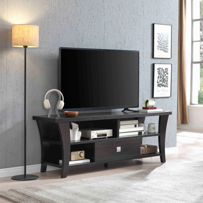 Tv Stand Cabinet With Curved Legs One Drawers On Metal Glides Metal Square Handle Modern Design Divided Shelf Two Cubbies
