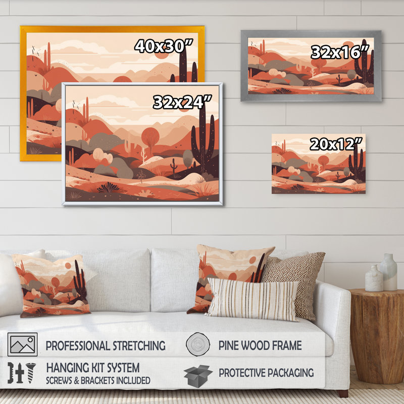«Sublime Desert Simplicity - Minimalisme», art mural, H 16 po x l 32 po x P 1 po, Cadre flottant doré