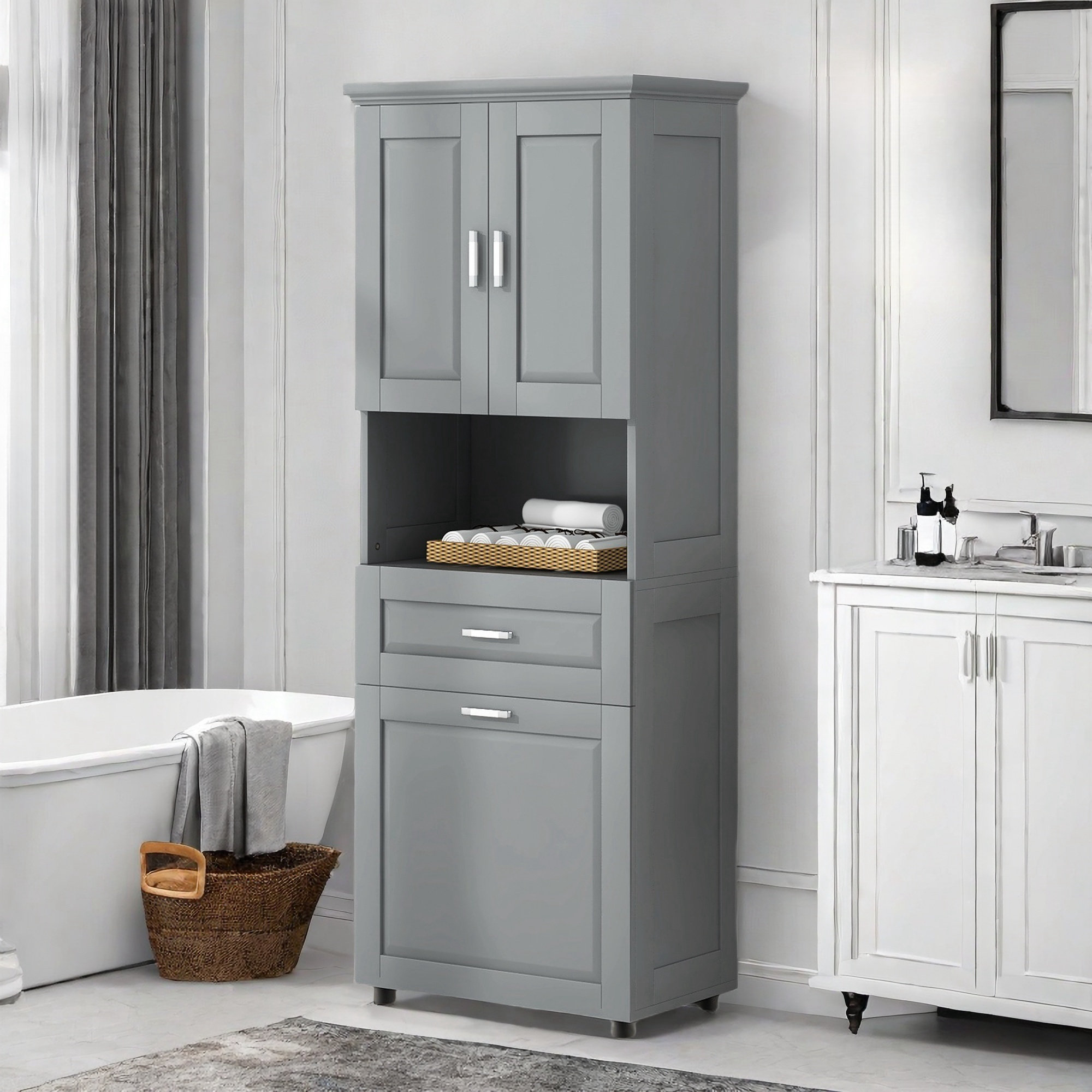 Red Barrel Studio® Tall Bathroom Cabinet With Tilt-out Laundry Hamper, Upper Storage Cabinet, A ...