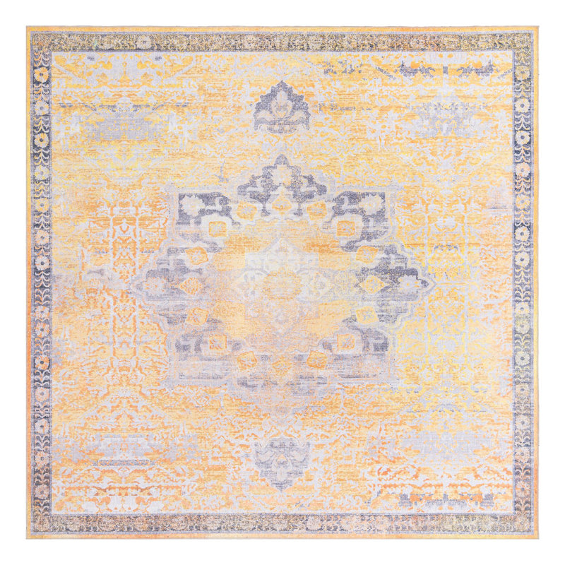 Tapis oriental bleu / jaune Hymel, Carré 10 pi 6 po x 10 pi 6 po