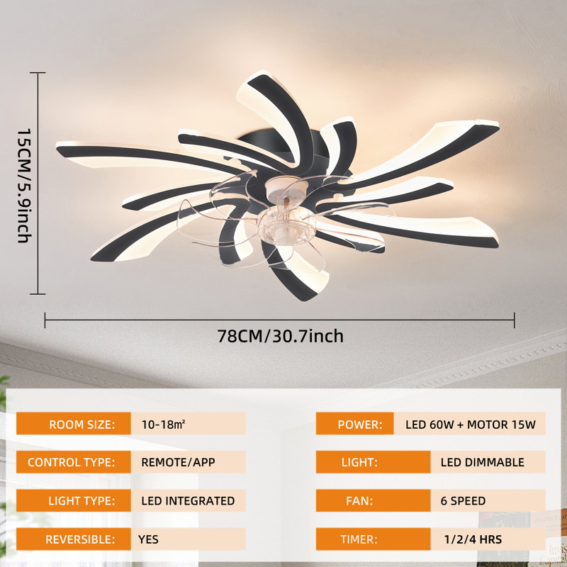 Ventilateur de plafond à DEL à intensité variable réversible à 7 pales avec lumière et télécommande Abson, Noir