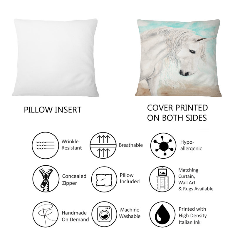 Portrait d'un cheval blanc avec une longue crinière blanche - Coussin décoratif traditionnel imprimé 1