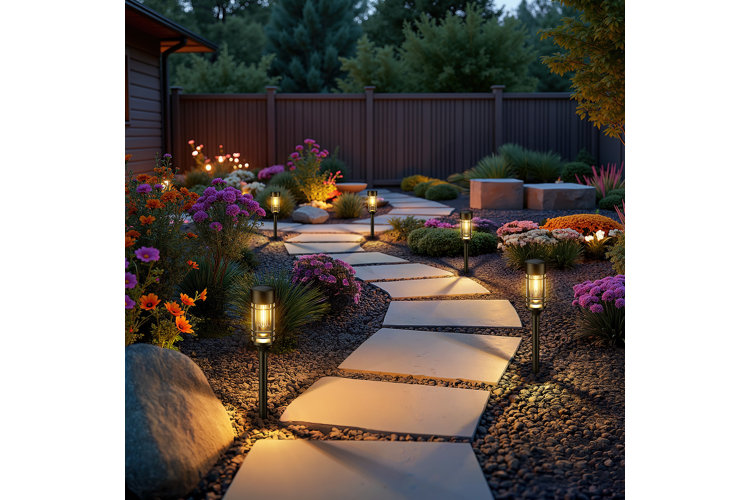 landscape lighting idea with a path of stone pavers lined with pathway lights and colorful flowers