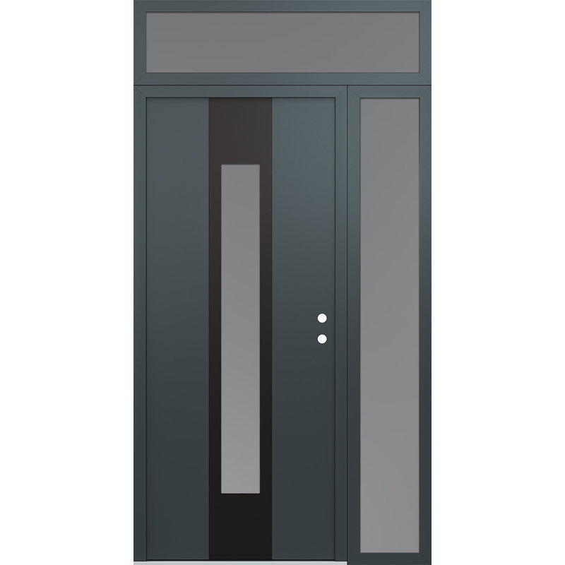 Porte d'entrée pré-suspendue en acier à panneau gauche avec panneau latéral et traverse, Argent, L 51,25 po x H 95,69 po