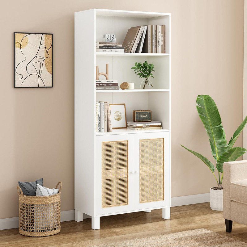 Tall Bookcase with Rattan Doors, 5 Tier Storage Wood Shelves Large Bookshelf for Library, Living Room, Bedroom, Home Office - Freestanding Organizer with Adjustable Shelves, Natural Accent Cabinet