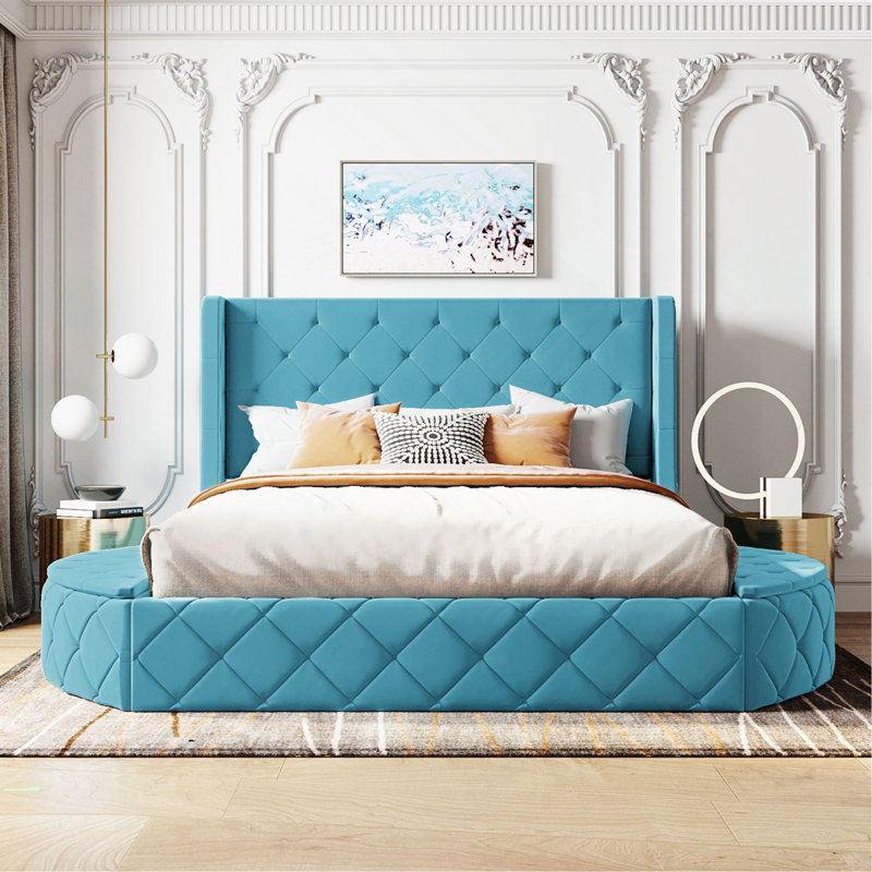 Lit plateforme tapissier en velours avec tête de lit à oreilles et 1 grand tiroir, 2 tabourets de rangement latéraux, Bleu