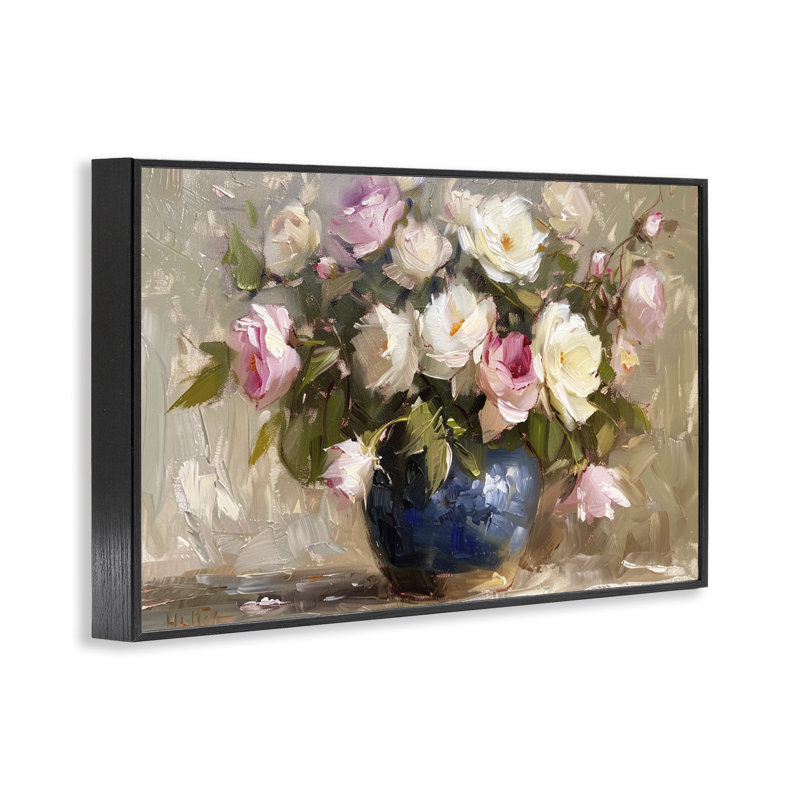  Vase painterly de roses, estampe numérique par LSR Design Studio, H 12 po x l 18 po, Giclée encadrée noir minuit