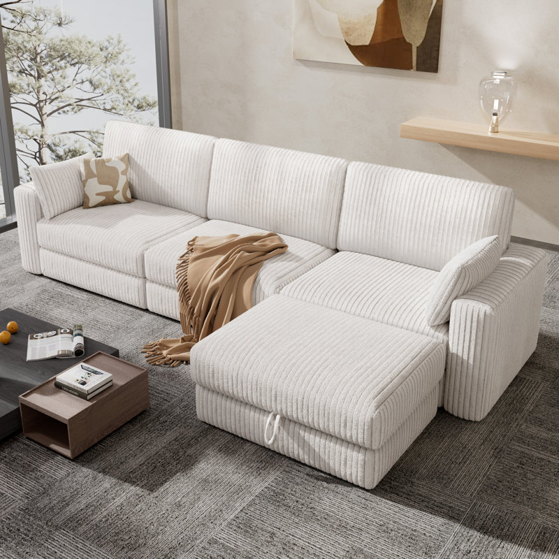 Extra Large Modular Sectional Sofa With Luxurious Corduroy Upholstery, Modern Oversized Convertible L Shaped Sectional Couch 3 Seat With Deep Seat Ottoman, Tool-Free Assembly
