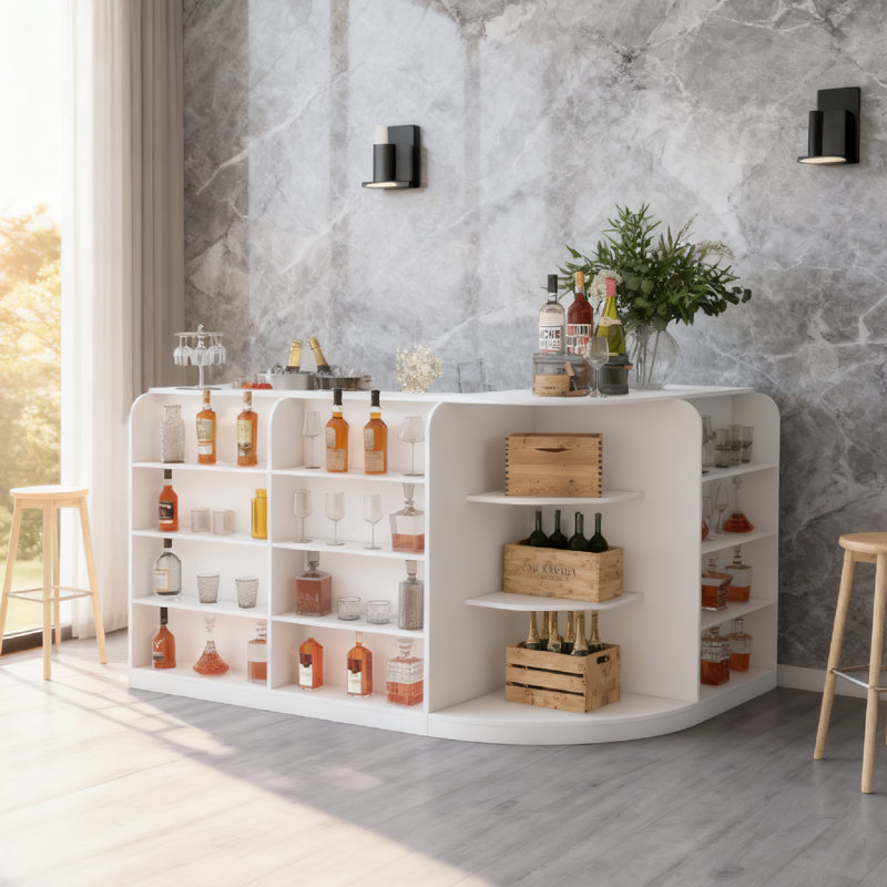 Armoire de bar en L 70,9 po avec tablettes à 16 niveaux et tiroirs , Blanc