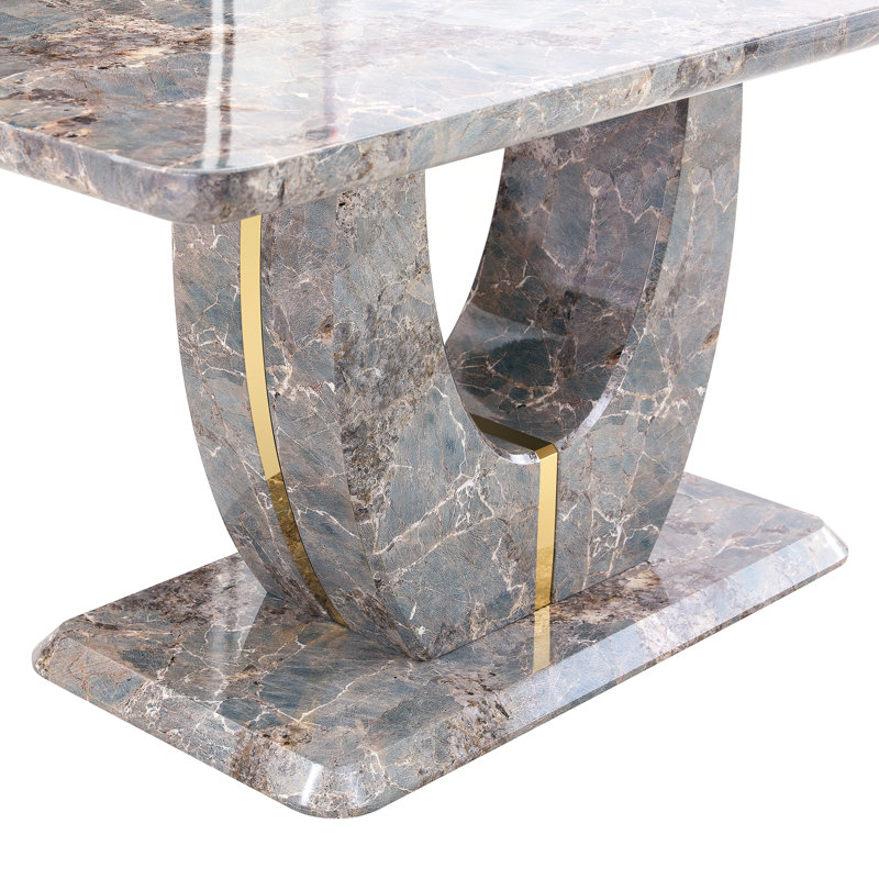 Table de salle à manger rectangulaire, table moderne avec base en U, H 30 po x L 63 po x l 37 po, Gris / marbre brun