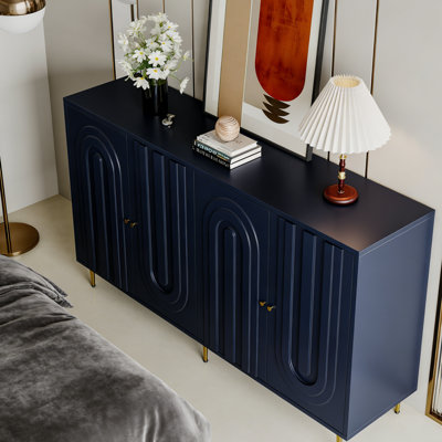 Modern Blue Lacquered Wood 4-Door Sideboard with Geometric Panel Design | Gold Metal Legs and Knobs | Contemporary Minimalist Style for Living Room, Entryway, or Dining Area