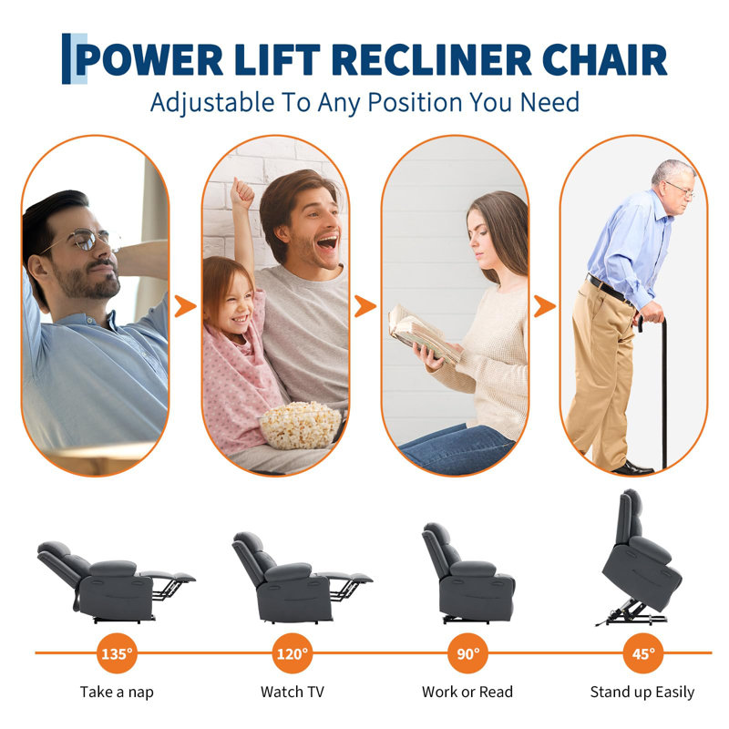 Fauteuil inclinable électrique avec massage et chauffage, surdimensionné en polyuréthane avec porte-gobelets et poches latérales