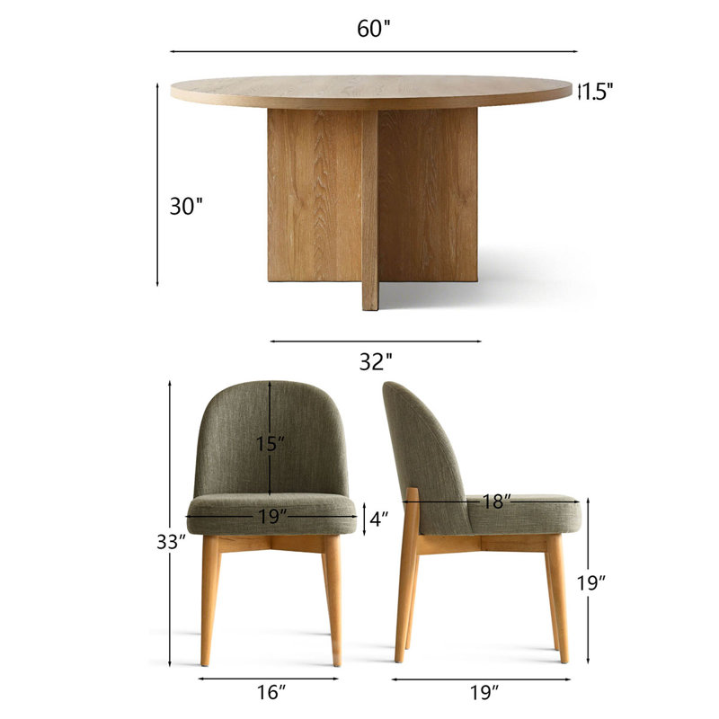 Modern 7-Piece 60-Inch Round Oak Veneer Dining Set With 6 Linen Chairs, Green