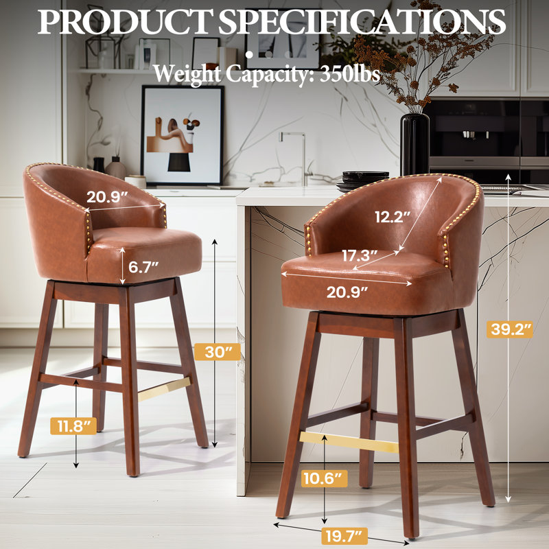 Swivel 30'' Faux Leather Bar Stool with Solid Wood Legs, Brown, Reddish Brown, Bar Stool (30" Seat Height)