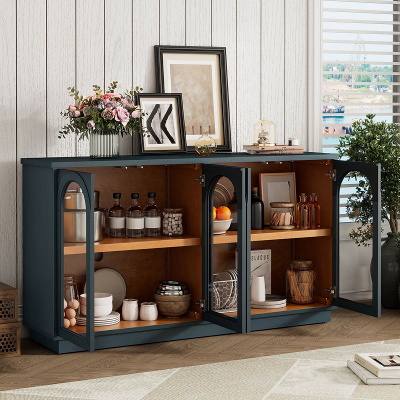 Grande armoire de rangement à 4 portes avec portes en verre, armoire arquée avec tablettes réglables, Navy