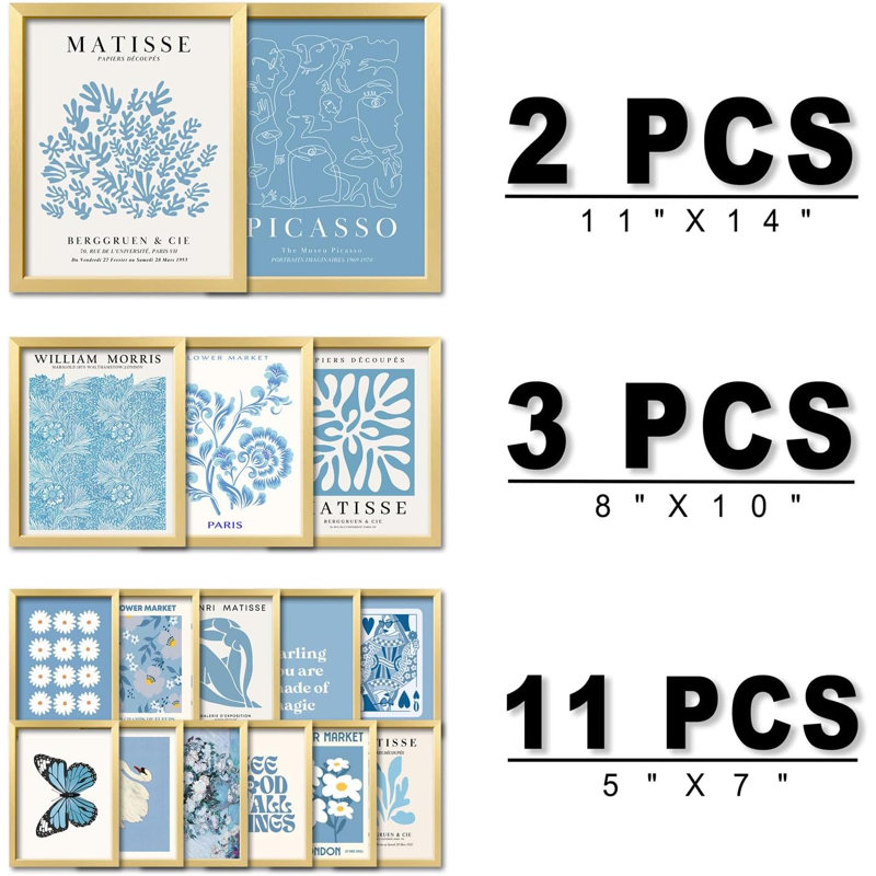 16 pièces d'art mural bleu encadré