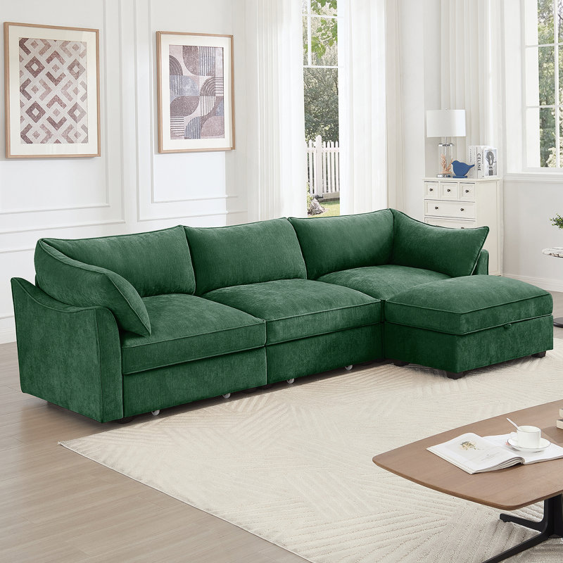 Canapé modulaire en L à 3 places avec repose-pieds mobile, siège large et profond confortable, tissu chenille, vert, Vert