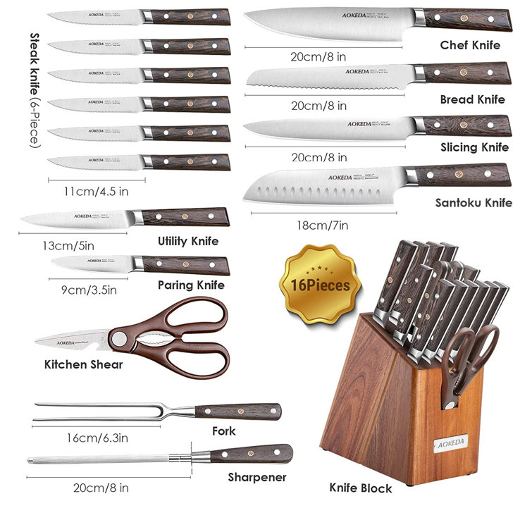 AOKEDA 15-Piece Kitchen Knife Set with Block Stainless Steel