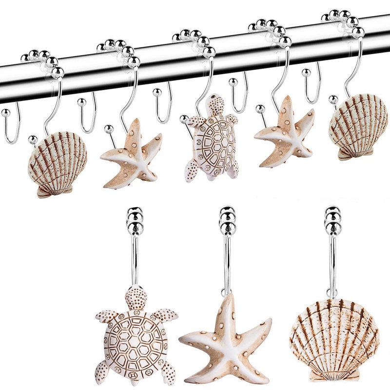 Paquet de 12 crochets de rideau de douche Beach Seashell, crochets décoratifs double couche avec thème océan, capacité de 45 lb pour le décor de la salle de bain