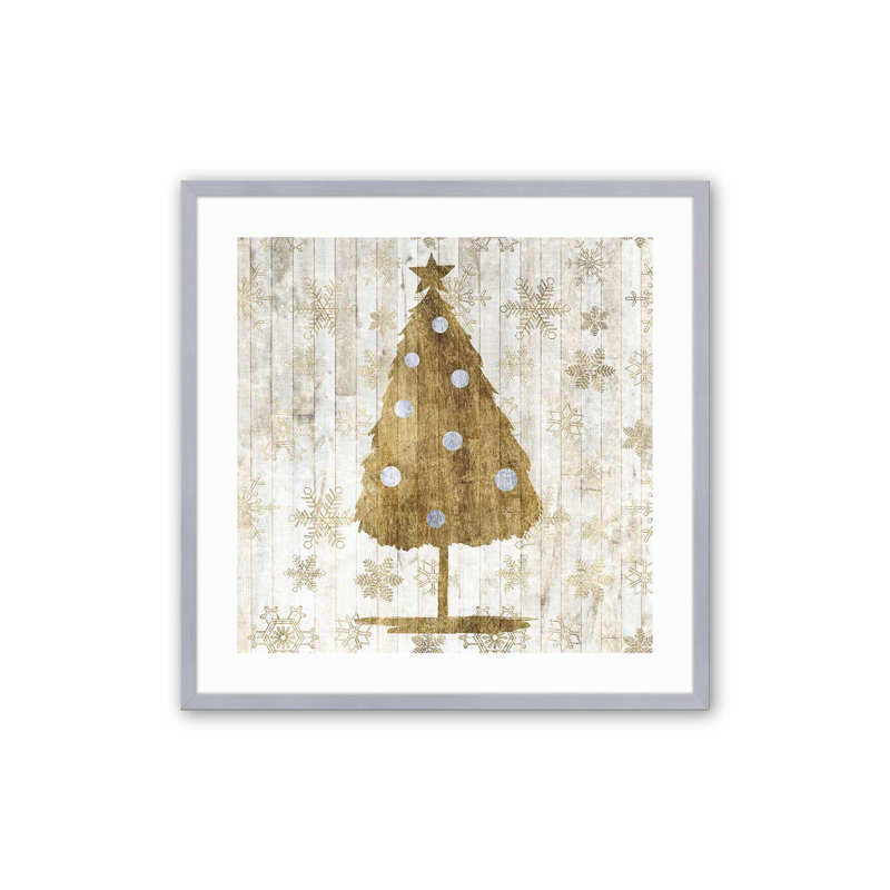 Impression d'arbre de Noël rustique doré, Cadre simple en chrome poli, bois massif, H 21,75 po x l 21,75 po