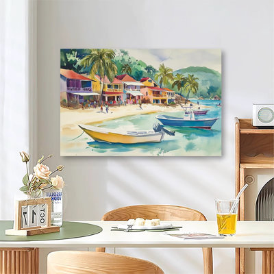 Vibrant Tropical Caribbean Coastal Town Watercolor Painting, Large Gallery Wrapped Canvas Wall Art Print For Living Room Bedroom