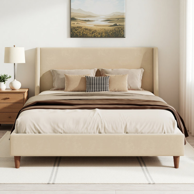 Wingback Upholstered Bed with Walnut Legs, Queen, Beige Velvet