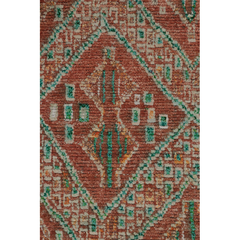 Moroccan Hand Knotted Geometric Area Rug in Red, Green, Orange, Teal, Rectangle 6' x 8'