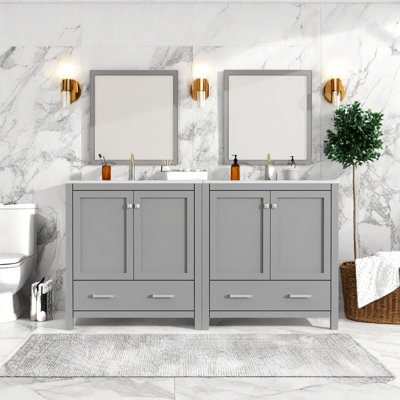 Meuble-lavabo double avec lavabo en céramique blanche, portes à fermeture douce, rangement spacieux, structure en bois massif, armoire de salle de bain moderne avec tiroirs et tablettes - unités 2 x 30 po
