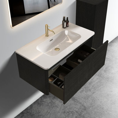 Meuble-lavabo moderne: 24 po avec chêne rayé noir et lavabo en céramique blanche - design chic, meuble-lavabo flottant en chêne brossé