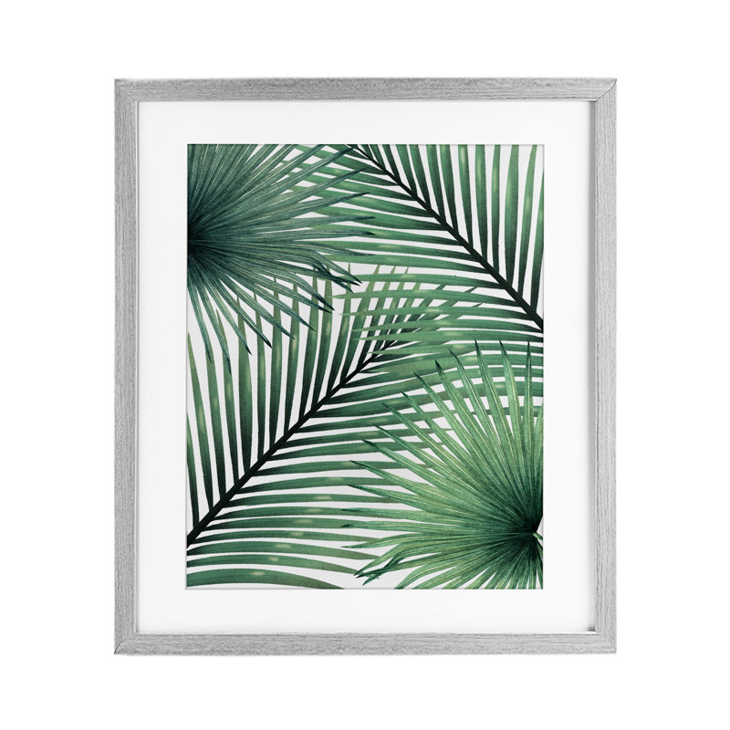 «Clean Tropics Layered Palms», reproduction sous verre encadrée, design par Inconnu, Cadre de ferme gris, H 16 po x l 13 po
