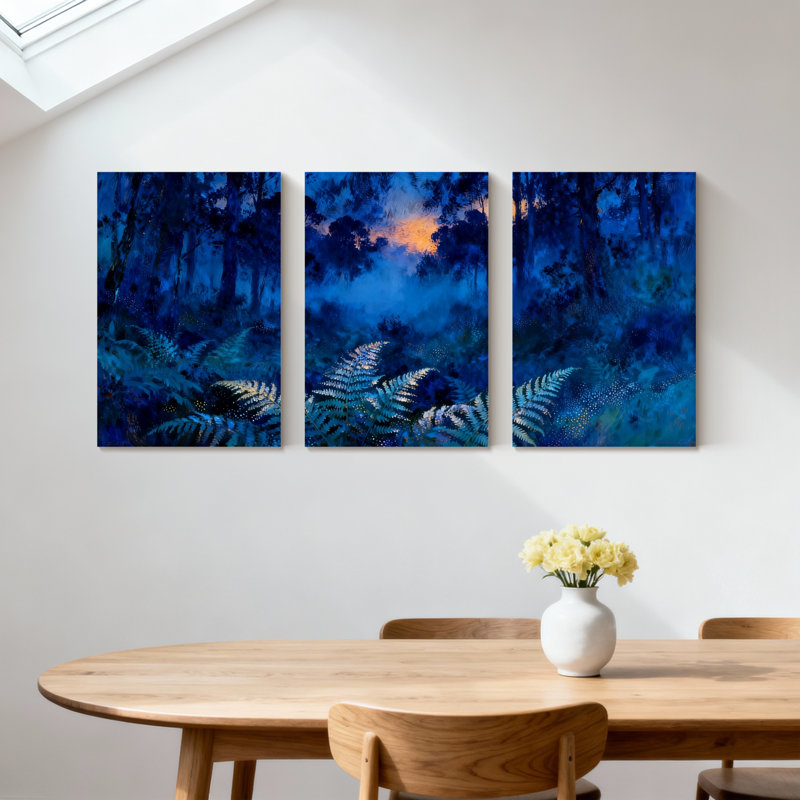 Forêt d'hiver, fougères bleues, ciel nocturne, clair de lune, ensemble de 3 impressions sur toile, H 30 po x l 60 po