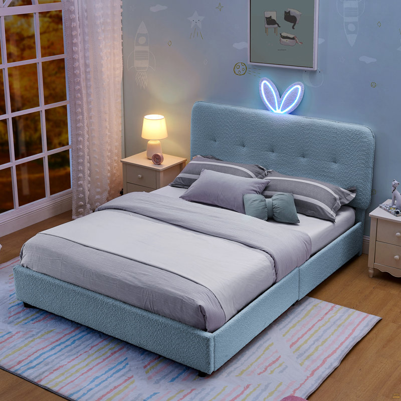 Lit pleine grandeur pour enfant avec tête de lit surdimensionnée pour oreilles de lapin, lumière DEL et 4 tiroirs de rangement, tissu bouclé (79,5 po x 55,75 po x 41 po)