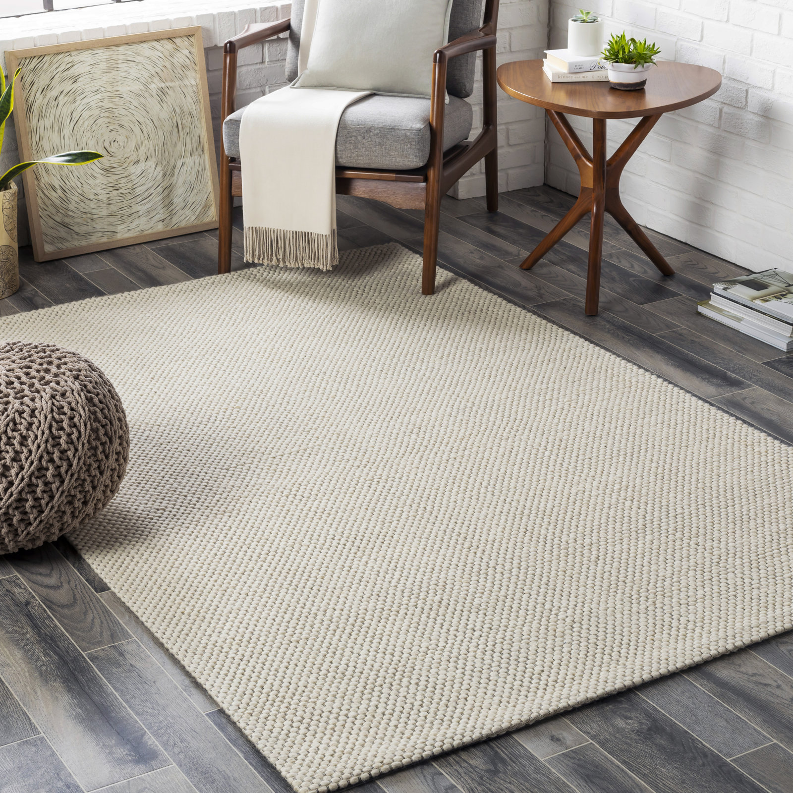 Lowe Handmade Wool Cream Rug, Rectangle 8'10" x 12'