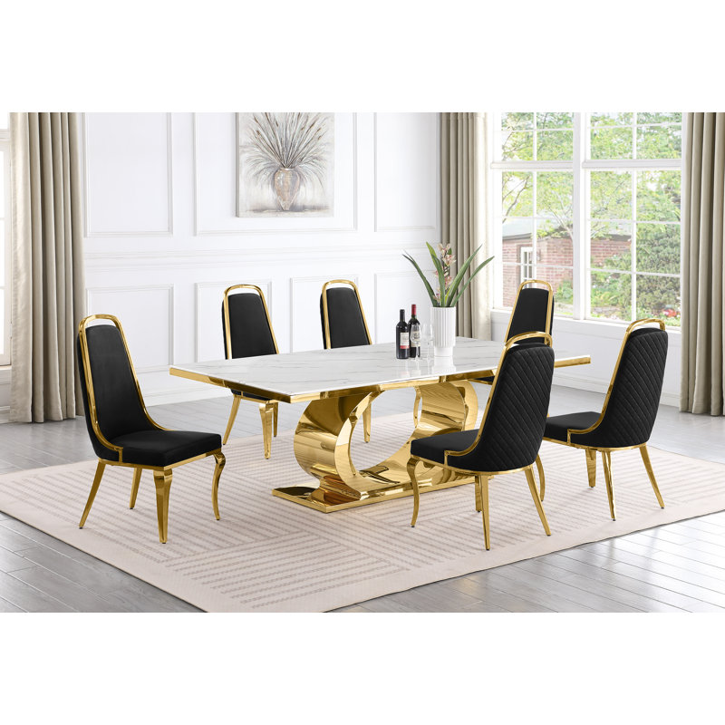 Bankston Marble Top Pedestal Dining Set, 7, Black/Gold, Gold