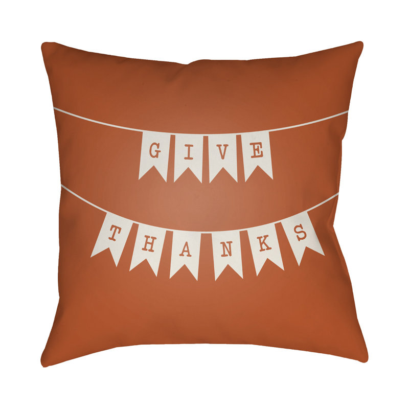 Give Thanks Indoor/Outdoor Throw Pillow, 18" H x 18" W x 4" D, Orange/White